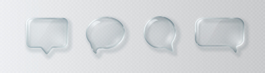 collection of glass transparent glossy 3d speech bubble icons isolated on light background. vector i