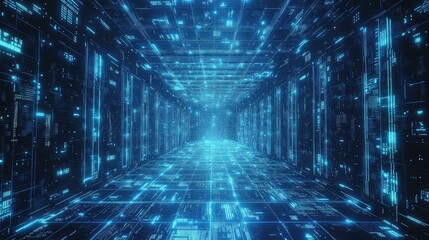Fototapete - Futuristic Digital Corridor with Glowing Blue Data Streams and Abstract Technology Concept for Sci-Fi Backgrounds and Virtual Environments in High-Resolution Visuals
