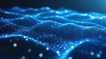 Fototapete - Abstract representation of digital waves creating illuminated network patterns in blue hues, showcasing technological complexity and fluid motion in a virtual space.