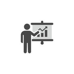 Poster - Business Presentation Icon: A simple yet effective icon depicting a person presenting a graph on a whiteboard, representing success, growth, and business presentation.