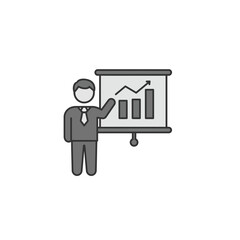 Poster - Business Presentation: a person stands next to a presentation board, pointing at the graph with a tie on.