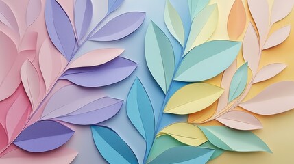 Poster - Colorful Paper Leaves Arrangement on Soft Pastel Background for Creative Design Projects, Scrapbooking, and Art Inspiration with Artistic Touch and Detail