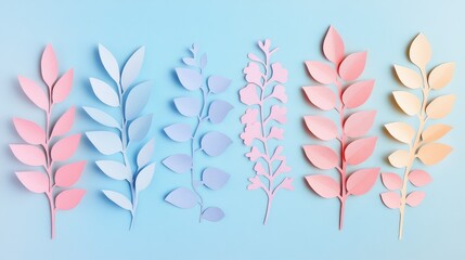Poster - Colorful Paper Leaves in Pastel Shades Arranged Elegantly on a Soft Blue Background for Creative and Artistic Backgrounds