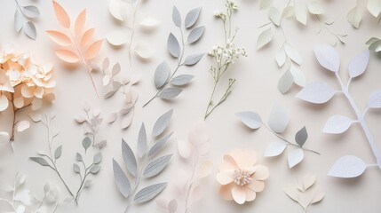Aufkleber - Delicate and Elegant Collection of Paper Leaves, Flowers, and Botanicals in Soft Shades of Peach, Cream, and Gray for Creative Projects and Backgrounds