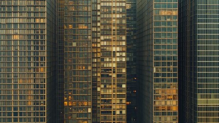 Poster - Stunning Aerial View of Modern High-Rise Buildings with Reflective Glass Facades and Illuminated Windows at Dusk in an Urban Environment