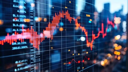 Poster - Financial data processing illustrated over a vibrant cityscape at dusk showcasing market trends and analytics, financial data processing over cityscape