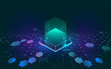 Poster - Abstract Data Flow Network Visualization Green Cube Hexagon Technology Background