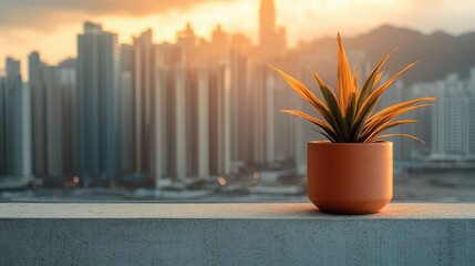 Poster - Serene Urban Sunset with Potted Plant Overlooking City Skyline and Buildings in Background, Evoking a Sense of Calmness and Nature in a Bustling Environment