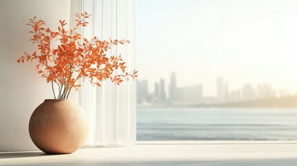 Poster - A serene indoor setting featuring a minimalist vase with orange foliage, soft natural light filtering through sheer curtains, and a city skyline in the background