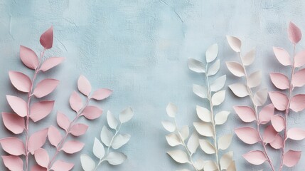 Poster - Delicate Pastel Leaves Against a Soft Blue Background for Creative Design and Nature-Inspired Themes in Art and Branding