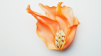 Poster - Beautiful Orange Flower Petals Showcasing Delicate Texture and Intricate Seed Formation, Perfect for Nature Enthusiasts and Floral Designers Seeking Vibrant Imagery