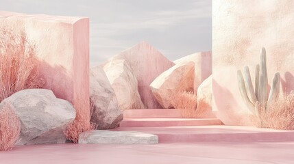 Poster - Soft Pink Desert Landscape with Geometric Shapes, Cacti, and Textured Rocks Under a Gentle Sky - Serene and Dreamy Aesthetic for Modern Designs