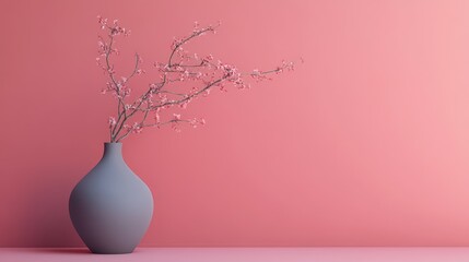 Poster - Elegant Minimalist Vase with Cherry Blossom Branches on Soft Pink Background Perfect for Stylish Home Decor and Aesthetic Inspiration in Interior Design
