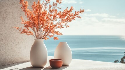 Poster - Serene Coastal Decor with Vibrant Orange Dried Flowers in Elegant Vases Overlooking a Tranquil Blue Ocean and Sky for a Relaxing Atmosphere