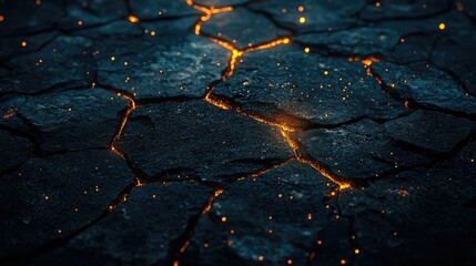 Poster - Dark Cracked Surface with Glowing Embers and Fiery Particles Creating an Otherworldly Atmosphere for Fantasy and Sci-Fi Artistic Concepts