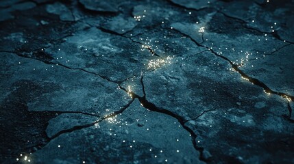 Poster - Dark Cracked Surface with Sparkling Lights and Glowing Cracks, Evoking a Mysterious and Enigmatic Atmosphere in an Abstract Landscape