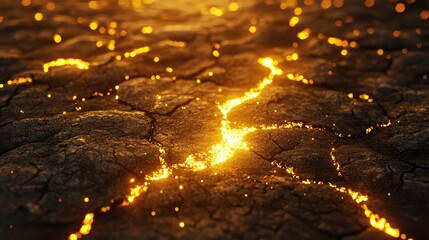 Poster - Glowing Lava Flow on Cracked Earth Surface After Volcanic Eruption with Warm Light and Textured Ground Creating a Fiery Landscape Scene