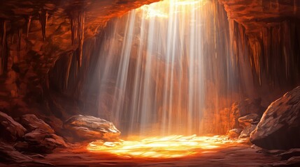 Poster - Majestic Cave Interior with Dramatic Light Rays Shining Through Natural Opening Illuminating Rock Formations and Reflecting on Water Surface in Stunning Landscape