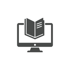 Poster - E-Learning Concept: Illustrative representation of a computer monitor displaying an open book, symbolizing education, knowledge acquisition, and online learning platforms.