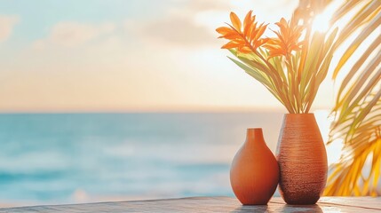 Poster - Elegant Floral Arrangement in Modern Vases with Bright Flowers Against a Serene Coastal Background at Sunset, Creating a Tranquil Atmosphere for Relaxation
