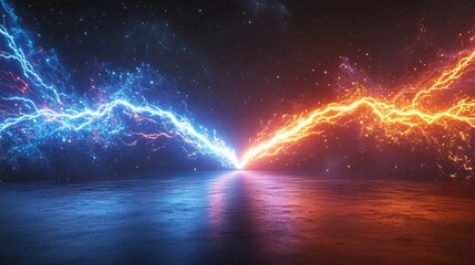 Wall Mural - A plain black background serves as the canvas for anime, where abstract frozen blue and infernal orange glowing lightning sparks effects create a volcanic illustration of profound impact
