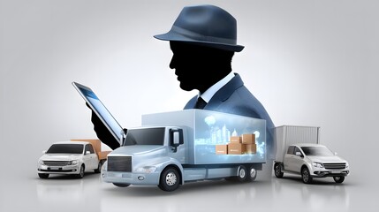 Poster - Silhouetted against a cityscape, a logistics manager uses a tablet to oversee transportation operations, with the urban environment indicating a hub of activity and distribution.