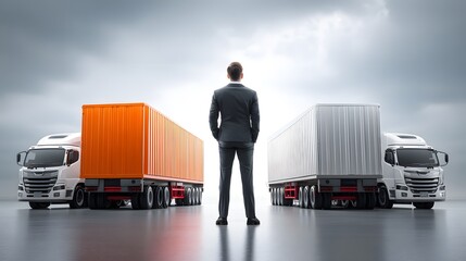 Poster - The silhouette of a logistics manager stands against a backdrop of a busy transportation hub, with cargo containers and trucks in the background, symbolizing efficient operations in the logistics