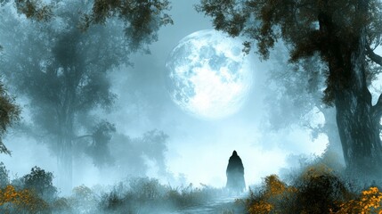 Wall Mural - A mysterious undead rogue disappears into the fog beneath the light of a haunting moon, an illustration of silent vanishing