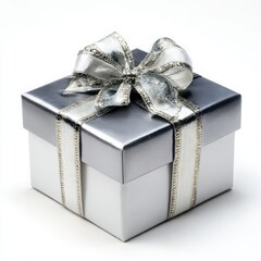 Wall Mural - A silver gift box with a matching bow sitting on a white surface