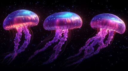 Wall Mural - A school of deep sea creatures migrating through the dark abyss leaves behind bioluminescent pheromone trails that glow like neon currents