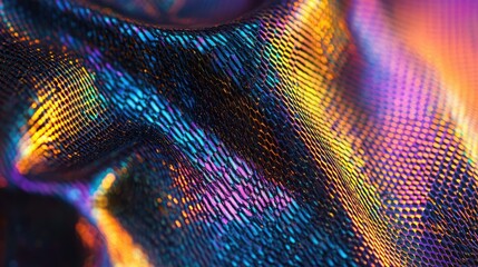 Poster - Vibrant Colorful Abstract Fabric Texture with Shimmering Iridescent Patterns and Light Reflections Captured in Close-Up for Creative Backgrounds and Designs