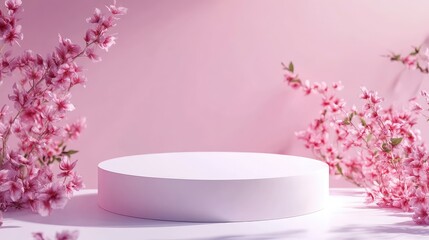 Poster - Elegant Pink Floral Display with Round Platform for Freshness and Purity in Modern Concepts, Ideal for Beauty, Fashion, and Nature Themes in Studio Photography