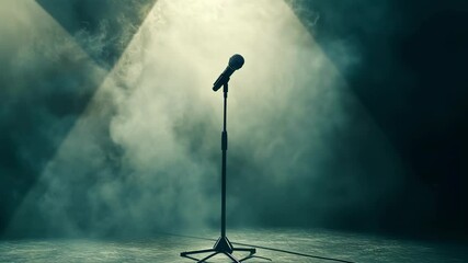 Poster - Back view of young female singer with microphone performing live on stage in front of excited audience, bright spotlights illuminating scene