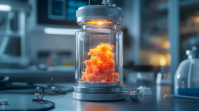 A laboratory setting features a glowing glass container holding an orange organic structure. It suggests advanced research or a scientific experiment. The image could be used in science fiction design