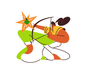 Poster - Businesswoman achieves the aim, business success concept. Woman with bow hits the target, apple, bullseye. Determination, goals setting in work. Flat isolated vector illustration on white background