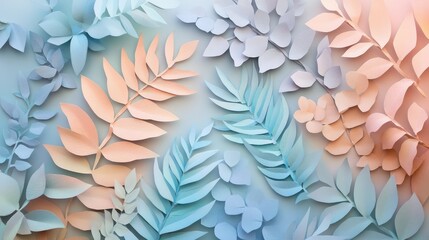 Poster - Serene Pastel Paper Leaves Arrangement for Creative Backgrounds, Featuring Various Shapes and Textures in Soft Blue, Green, and Peach Tones Perfect for Nature-Inspired Designs