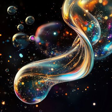 Background shows surreal shimmer, bubble stroke twist