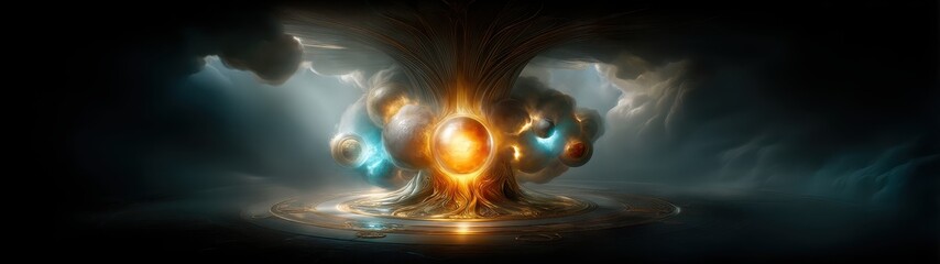 Poster - Surreal Double Exposure of Cosmic Space with a Symbolic Tree Growing in a Celestial Environment Full of Energy and Light Effects