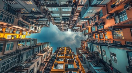 Poster - A Unique Perspective of Tall Urban Buildings Captured from Below, Showcasing the Intricate Architecture and Vibrant Colors of a City Skyline Under a Dynamic Sky