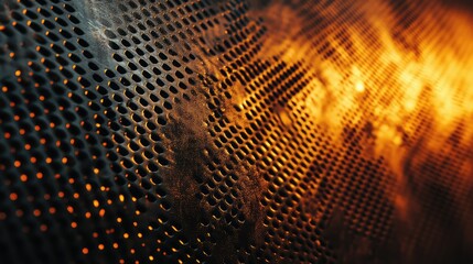 Poster - Abstract close-up of textured metallic surface featuring intricate patterns of holes illuminated with a warm, fiery glow, perfect for backgrounds or artistic designs.