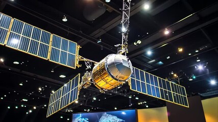 Poster - Development of new satellite technology showcased at an exhibition with intricate designs, display with the development of new satellite technology or unmanned aerial vehicles