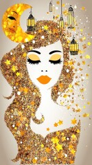 Poster - Enchanting Cosmic Portrait with Stars and Moon Elements, Merging Dreamlike Features and Glittering Textures in a Unique Double Exposure Style