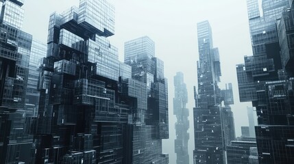 Poster - Futuristic Cityscape with Abstract Glass-Like Structures Rising into a Misty Sky, Representing Modern Urban Architecture and Innovative Design Concepts