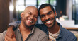 © peopleimages.com - Sofa, gay couple and portrait with hug, smile and love for bonding in house. Happy partner, living room and lgbt pride with marriage together in home lounge with queer romance and relationship care