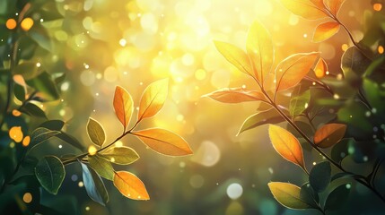 Poster - Vibrant Green Leaves with Warm Golden Light and Soft Bokeh Effect Creating a Serene Nature Background for Tranquil and Refreshing Environments