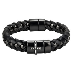 Wall Mural -  Luxury men's leather bracelet with a cross and stainless steel beads, in black color on a  template background PNG  