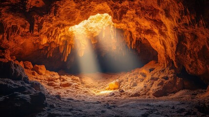 Poster - A Stunning Cave Interior Illuminated by Sunlight Beaming Through Cracks, Showcasing Unique Rock Formations and Vibrant Colors, Perfect for Nature Lovers and Adventurers