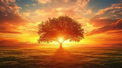 Poster - Majestic tree silhouette against vibrant sunset sky, showcasing a breathtaking blend of warm colors and deep shadows on serene landscape