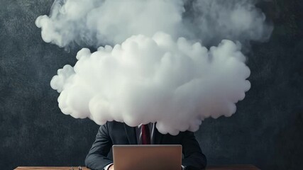 Poster - Smoke is coming out of businessman's head sitting at desk with laptop, forming a cloud that grows bigger and bigger until completely covering him, isolated on gray background
