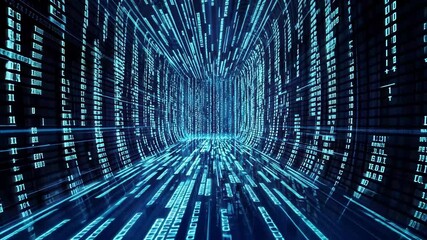 Poster - Network of digital data processing and connections through a flowing blue tunnel, network of connections and data processing over globe